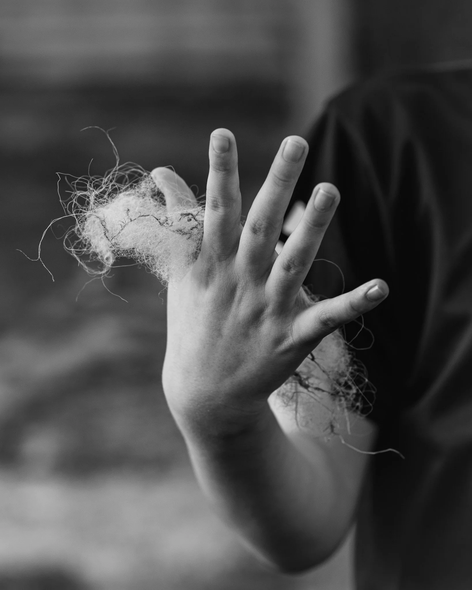Close-up of a person's hand making a peace sign with the fingers against a blurred background.