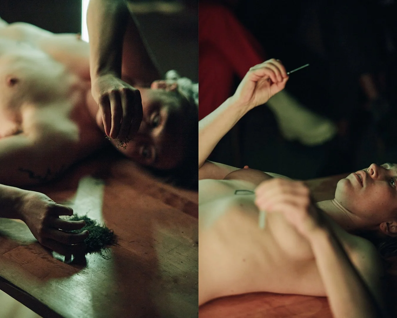 A divided scene where both pictures depict the artist Kane Stonestreet holding a needle or reaching for moss while lying on the ground.