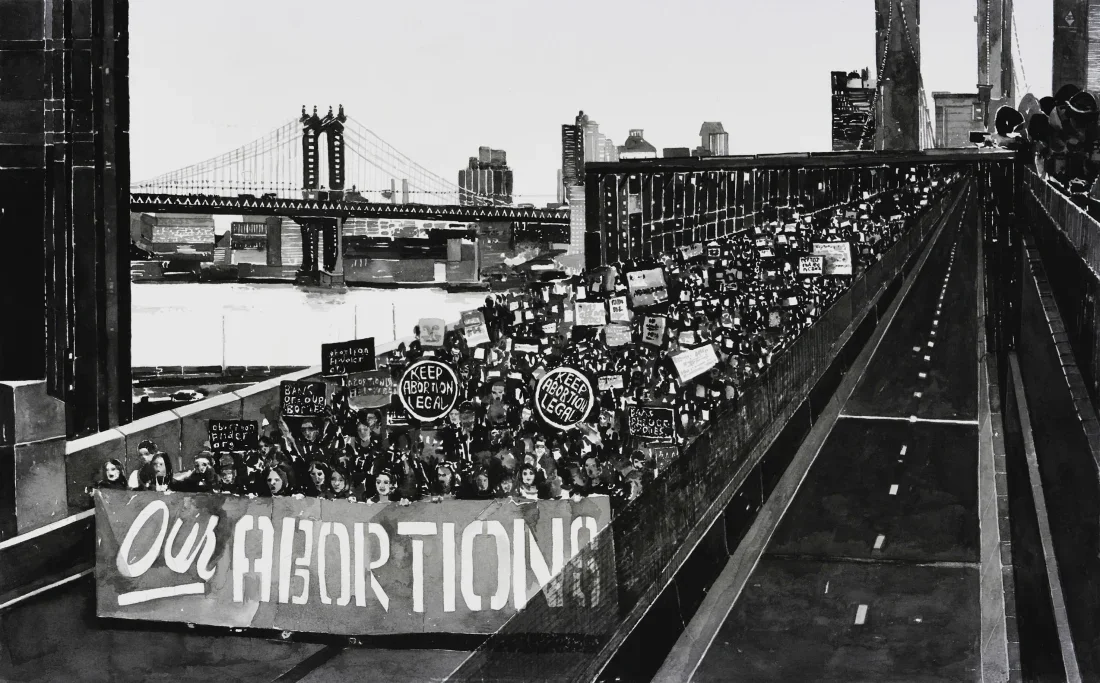 A large crowd of protesters holding signs with messages like "Keep Abortion Legal" and "Our Abortion" march on a bridge with the Brooklyn Bridge in the background, in a city skyline setting.