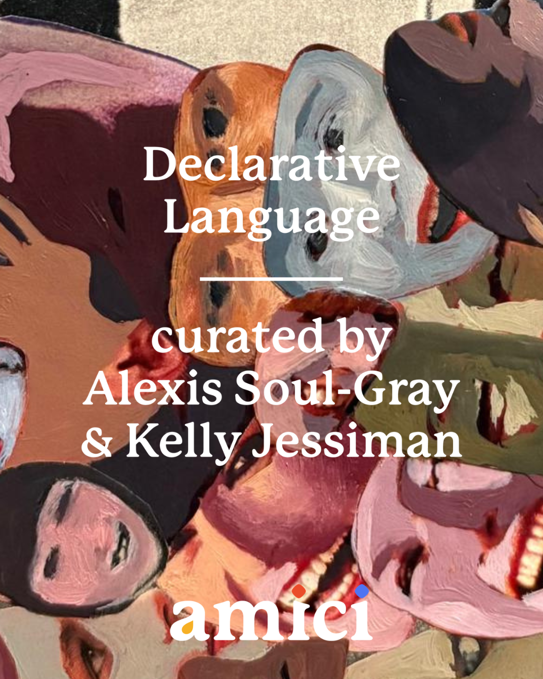 Abstract painting of various animal faces, including pig, dog, cat, and others in bold colors with text overlay.