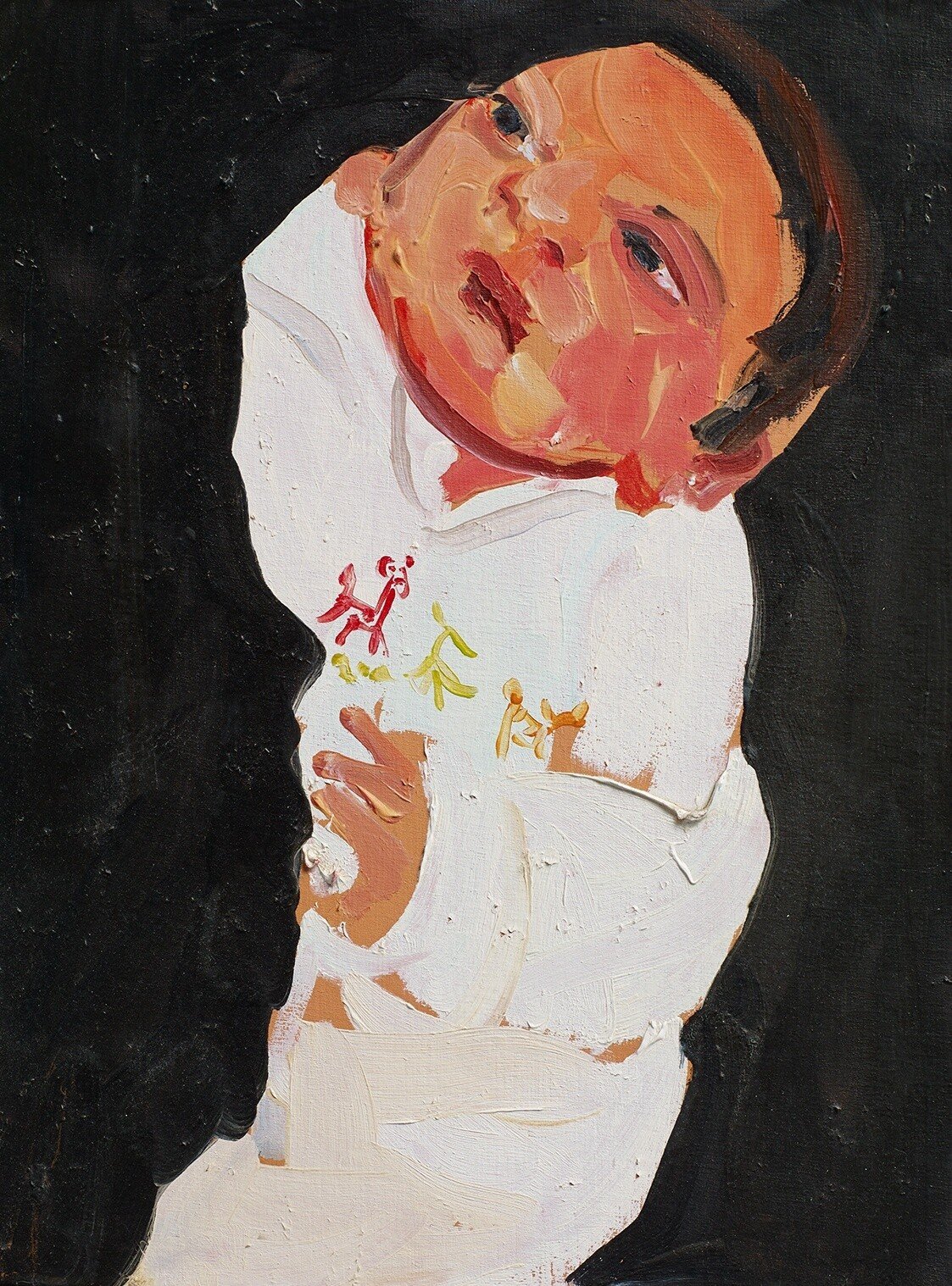 An abstract painting of a person with light skin and dark hair, wearing a white shirt, with small colorful figures on the face and neck.