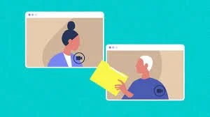 Two video call screens: one with a person in a virtual meeting with a microphone, and another with an older person holding a yellow folder or tablet.