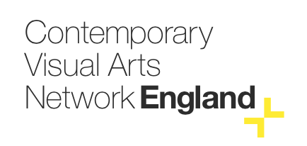 Logo for the Contemporary Visual Arts Network England featuring black and yellow plus signs.