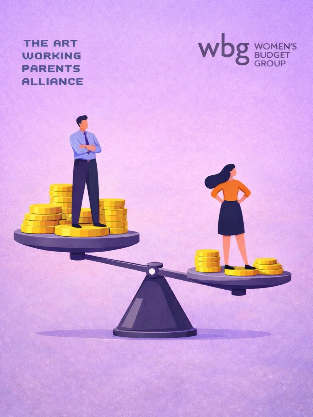 Illustration of a balanced scale with a man standing on the left side surrounded by coins, and a woman standing on the right side also surrounded by coins. The background is purple, with the text "The Art Working Parents Alliance" and the Women's Budget Group logo.