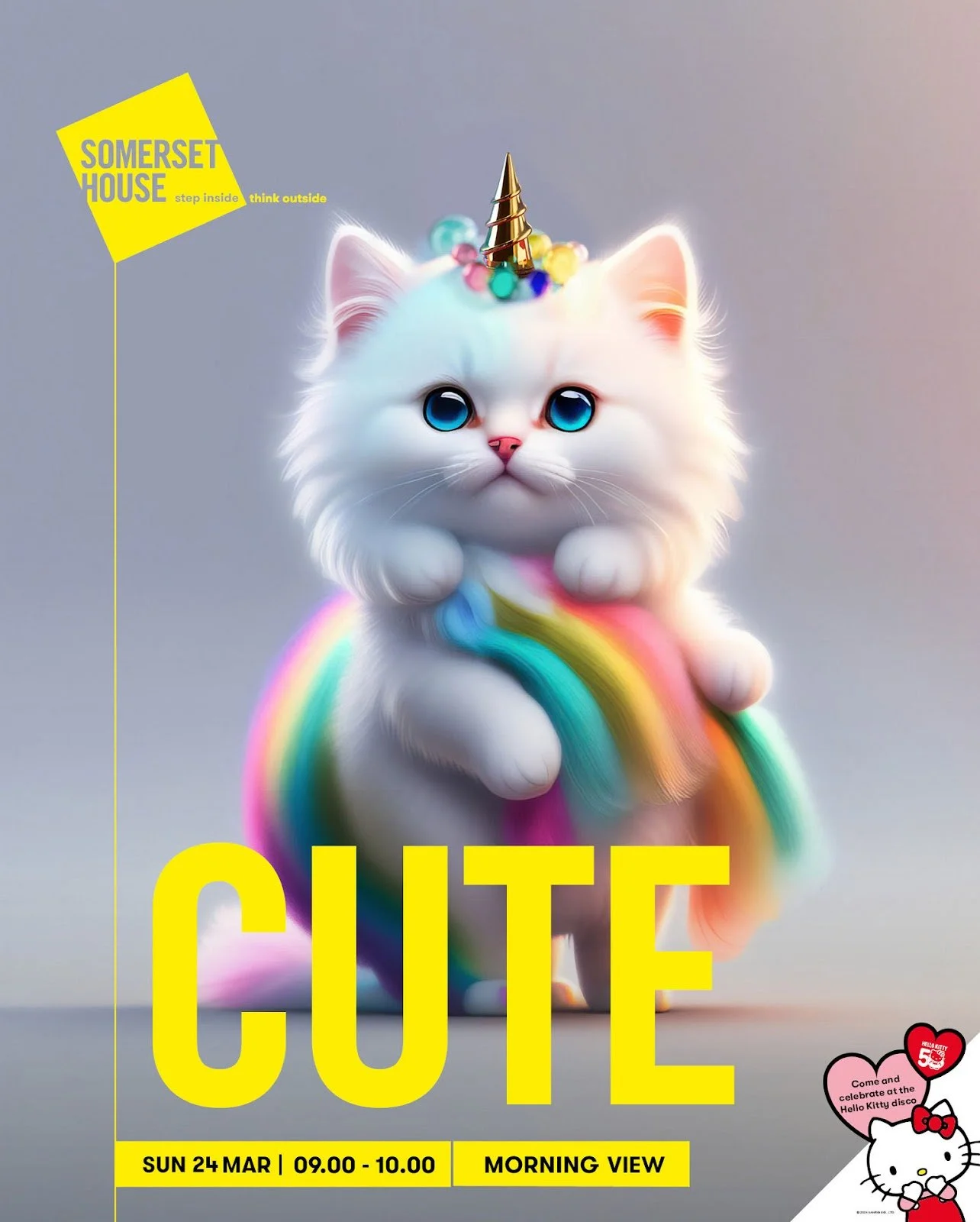 A cute white kitten with blue eyes wearing a unicorn horn headband and holding a rainbow, with colorful text and a Hello Kitty graphic promoting an event on March 24th from 9 to 10 AM.