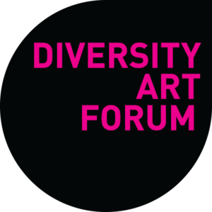 Text reading "DIVERSITY ART FORUM" in pink on a black background
