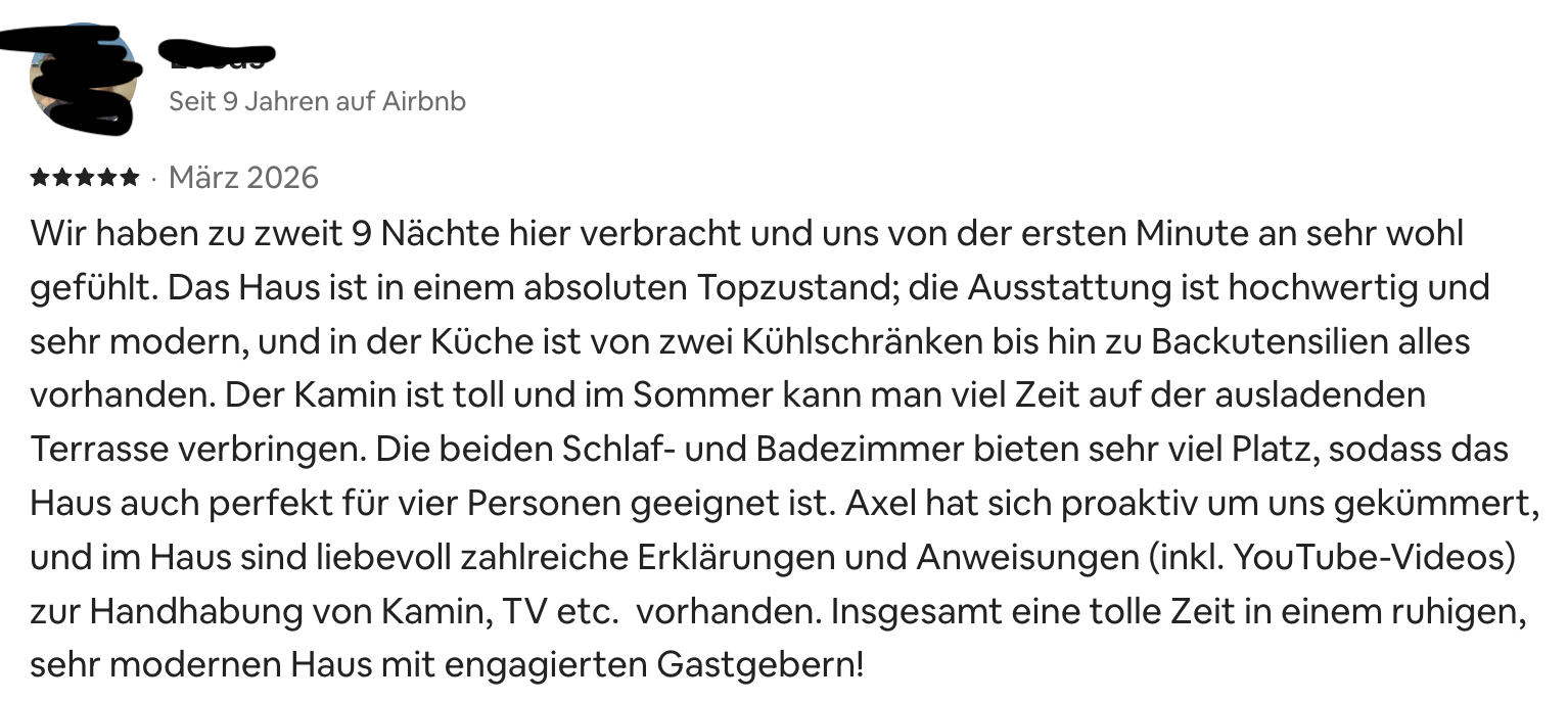Fünf-Sterne-Gästebewertung mit Lob für Betreuung und Erklärvideos