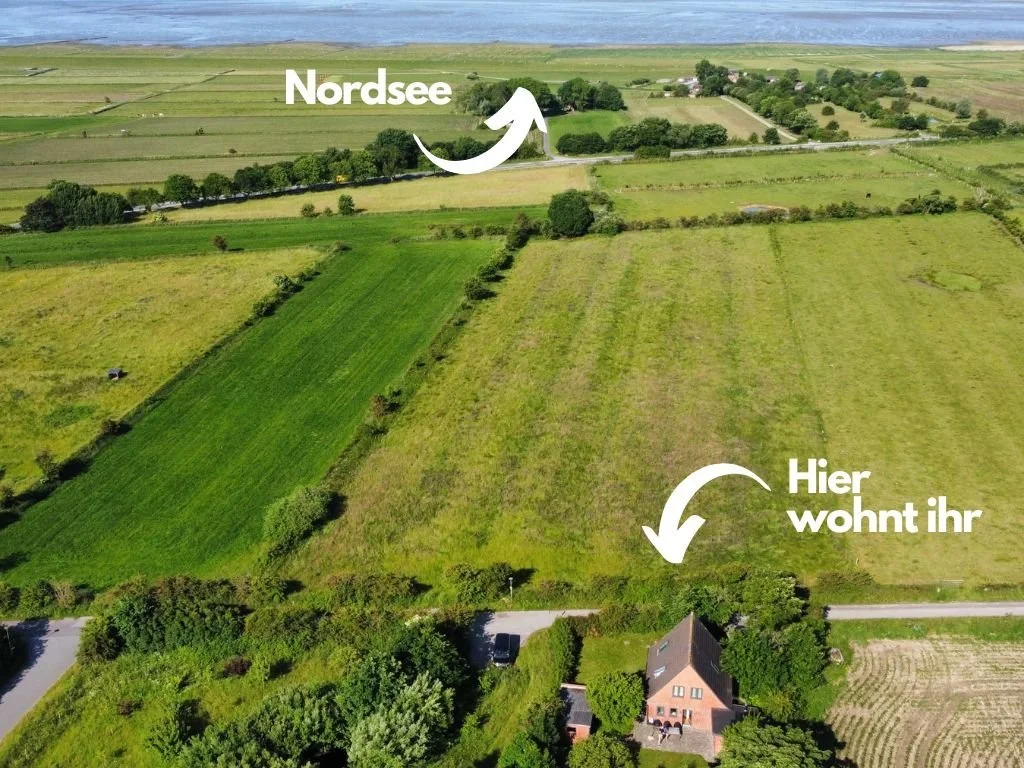 Luftbild mit beschrifteten Pfeilen: Ferienhaus am Feldrand nahe der Nordsee