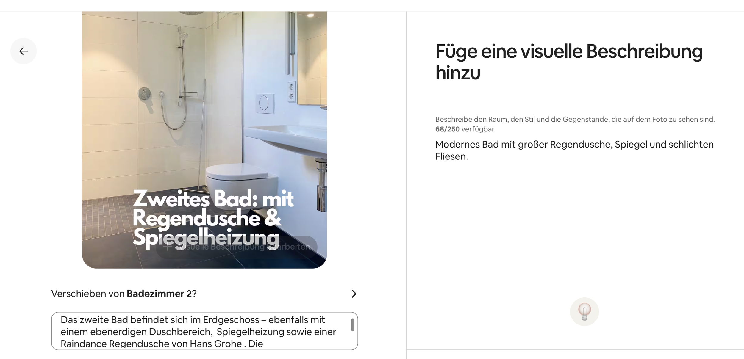 Airbnb-Editor: Bildunterschrift und visuelle Beschreibung eines Inseratsfotos