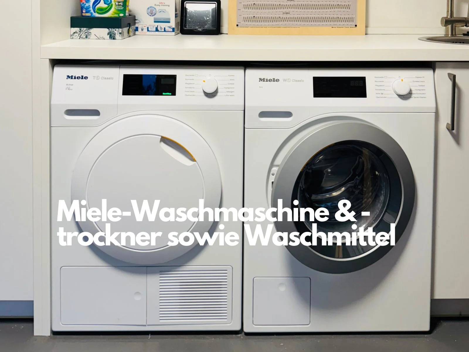 Miele-Waschmaschine und -Trockner, Inseratsfoto mit Beschriftung im Bild