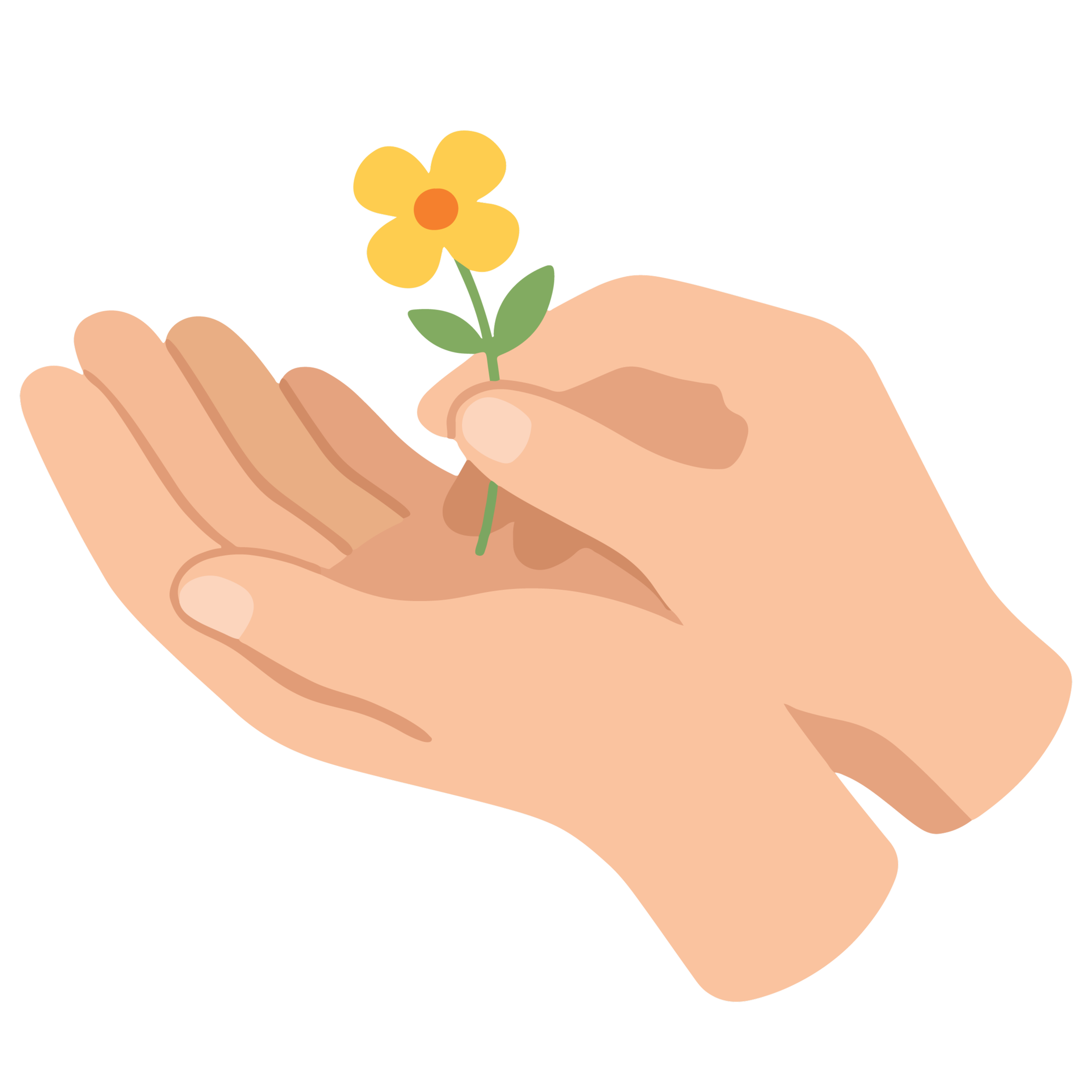 Illustration of a hand holding a small yellow flower with green leaves, set against a black background.