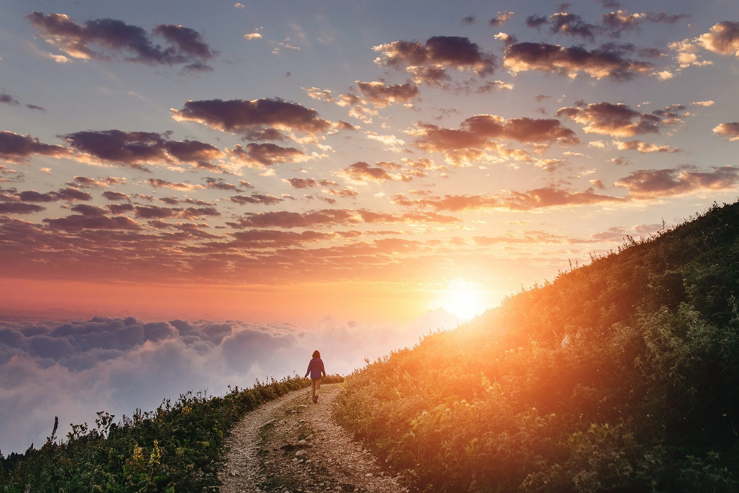 A person walking on a mountain trail during sunset with a view of a colorful sky filled with clouds above a sea of clouds and a hillside covered with bushes.