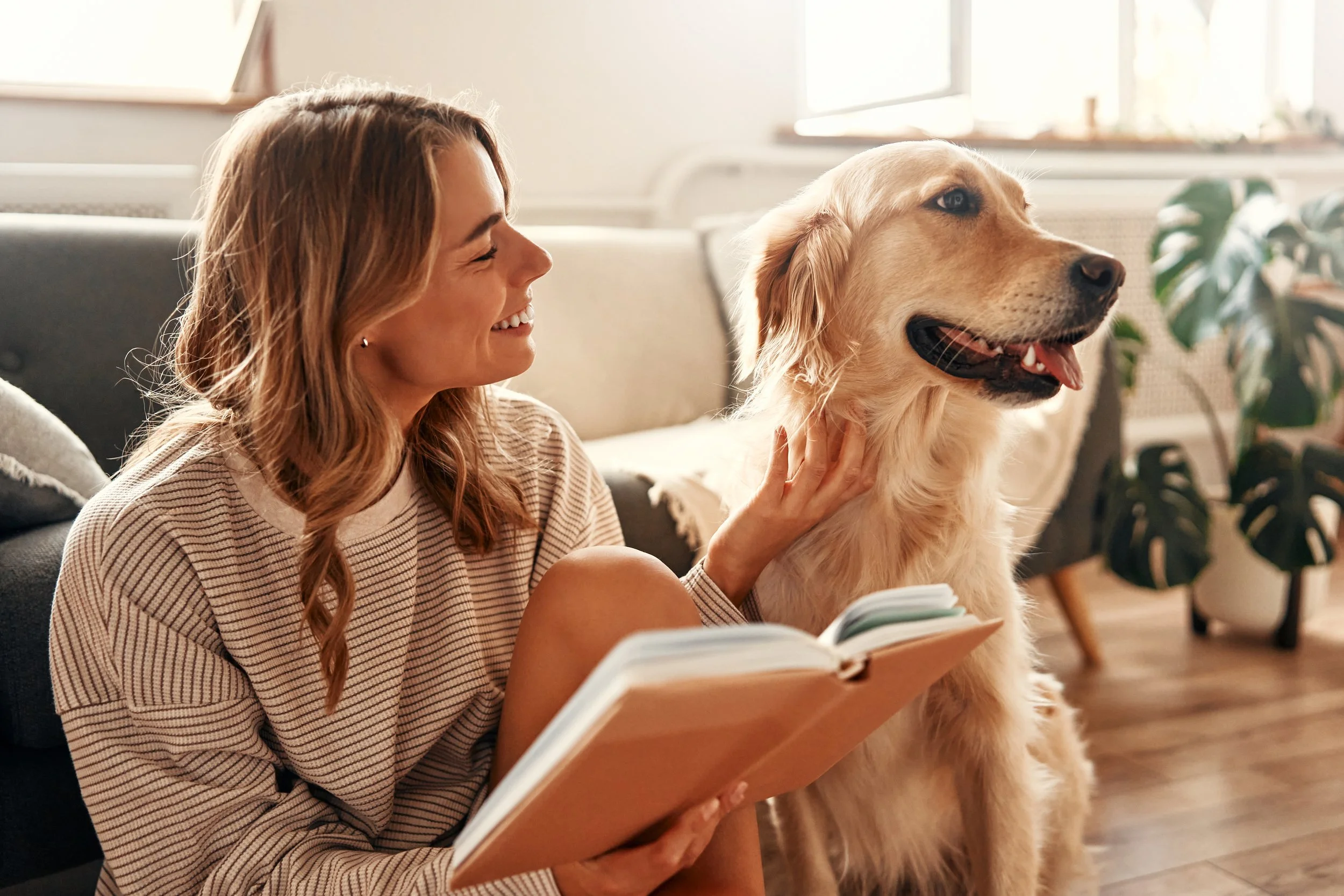 A woman with wavy red hair smiling while sitting on a couch, reading a book, with a Golden Retriever dog next to her. The woman is petting the dog, which has its tongue out and is looking ahead. The scene takes place in a well-lit living room with a window and some houseplants visible in the background.