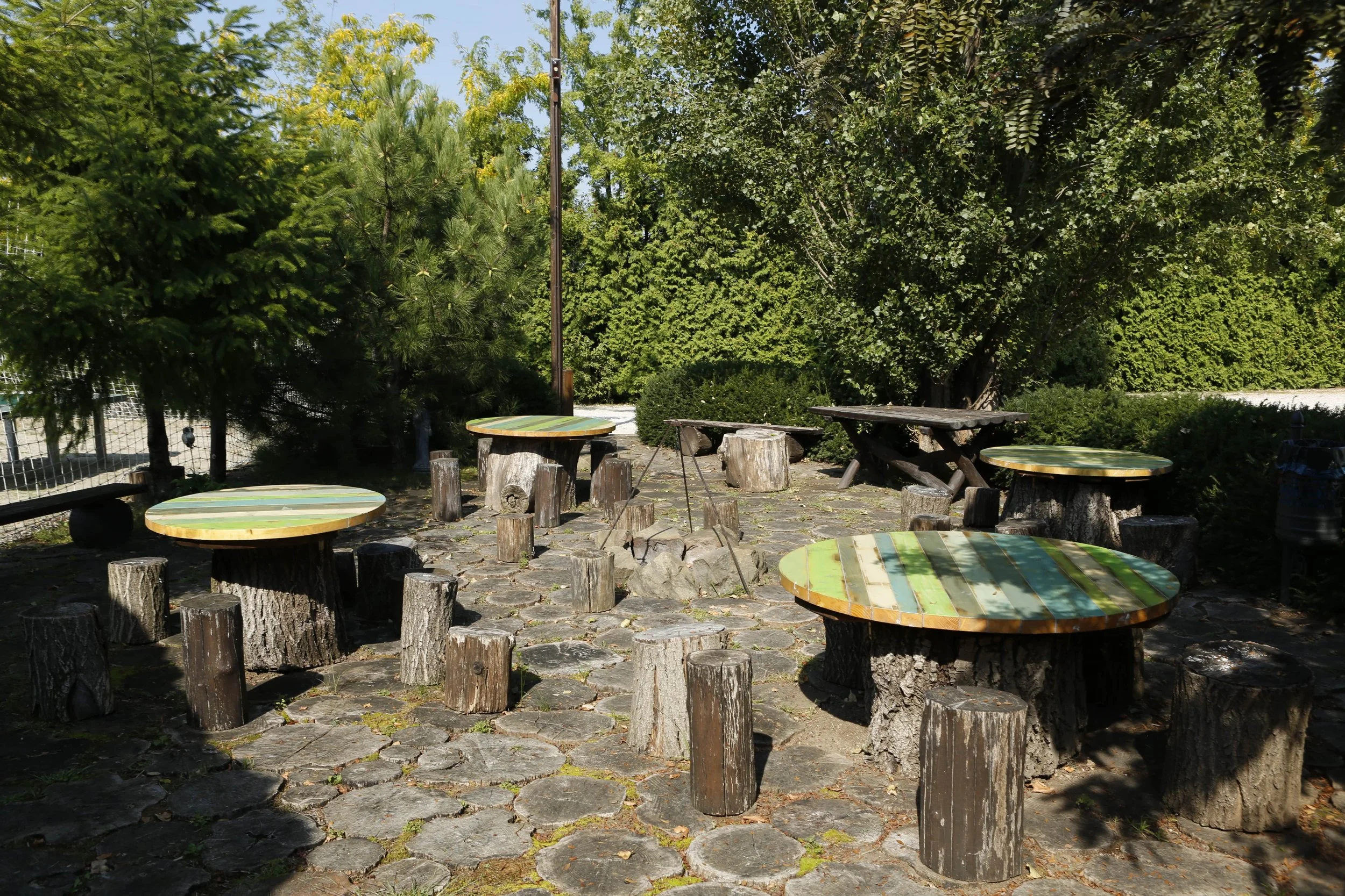 Outdoor sitting area with rustic wooden tables and stumps, surrounded by greenery and trees.