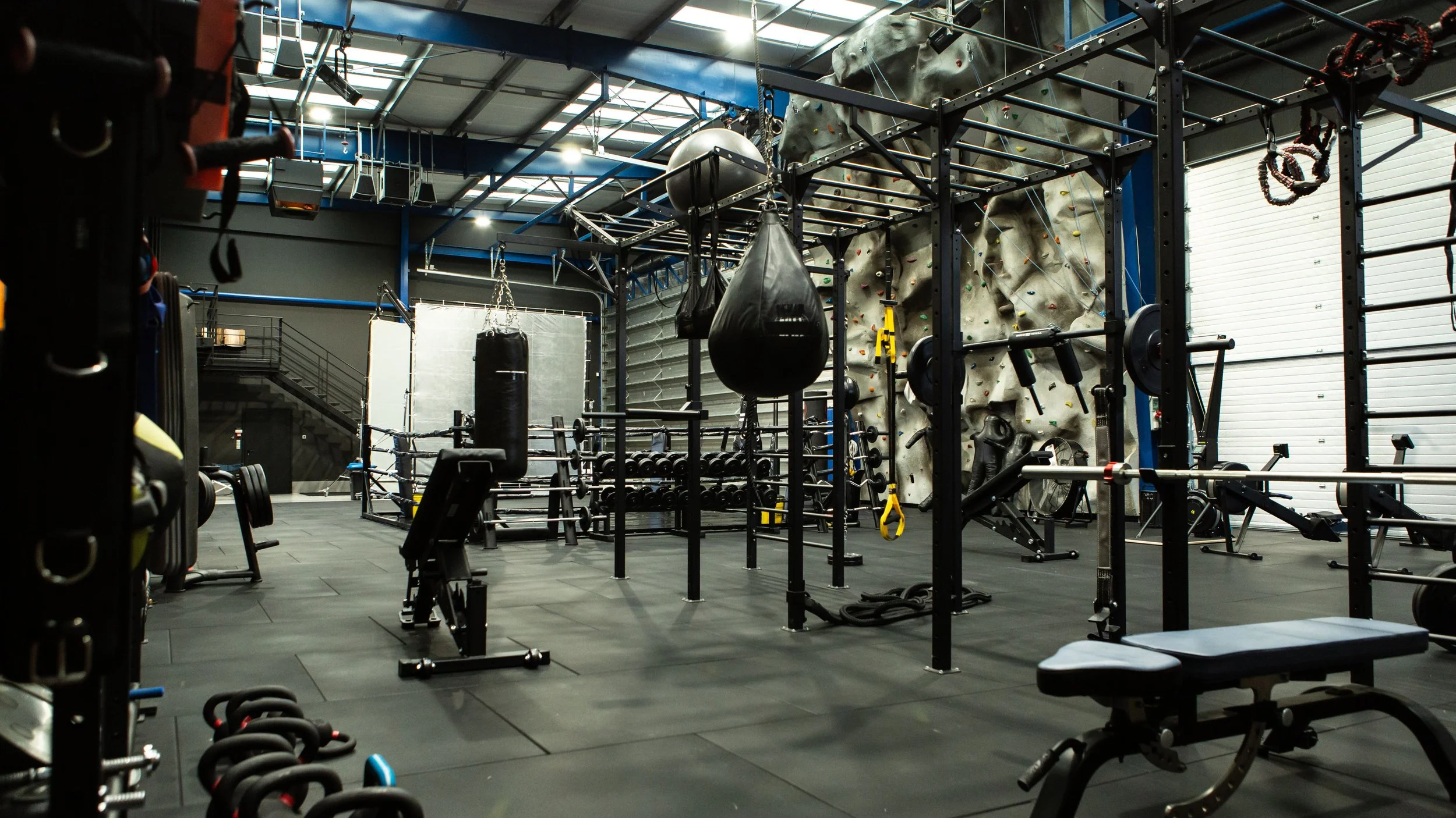 Empty gym with boxing bags, weightlifting equipment, a rock climbing wall, and a variety of workout machines and weights.