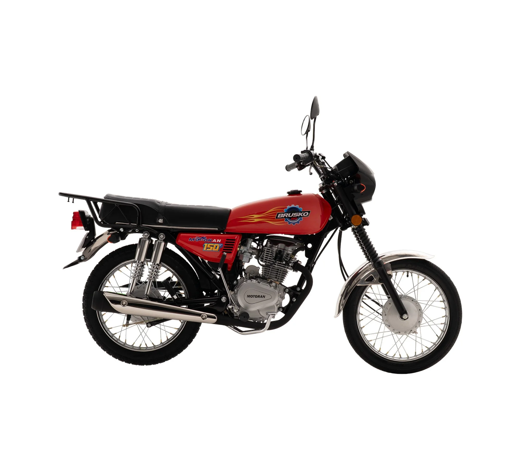 Red and black vintage motorcycle with decals on a white background.