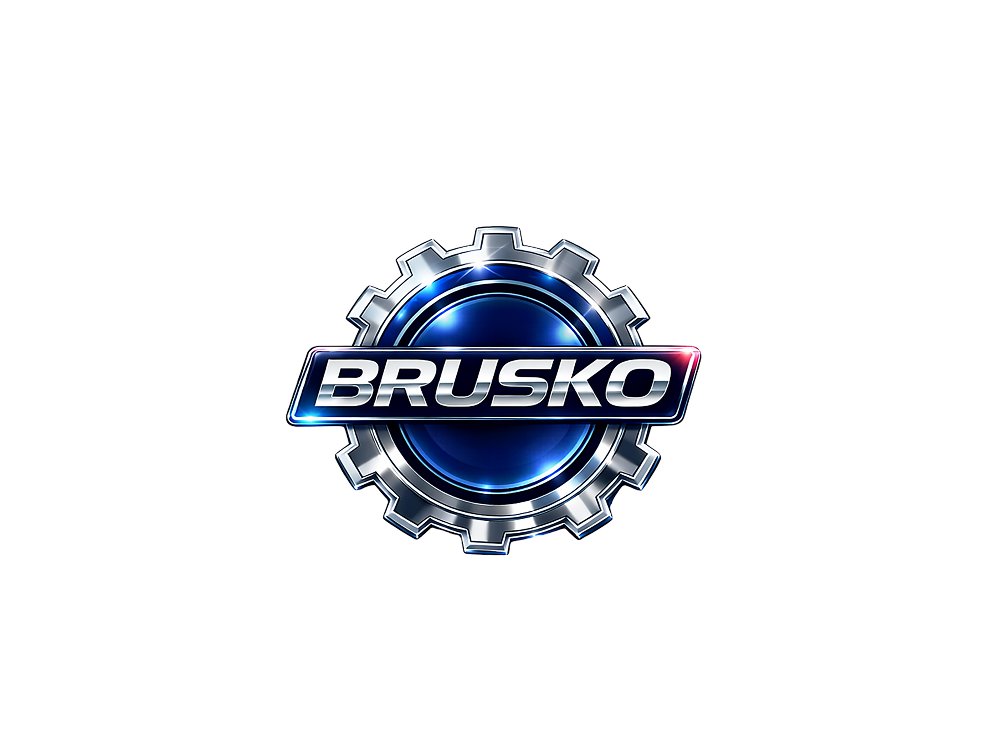 Brusko logo with a gear symbol and bold blue and silver design.