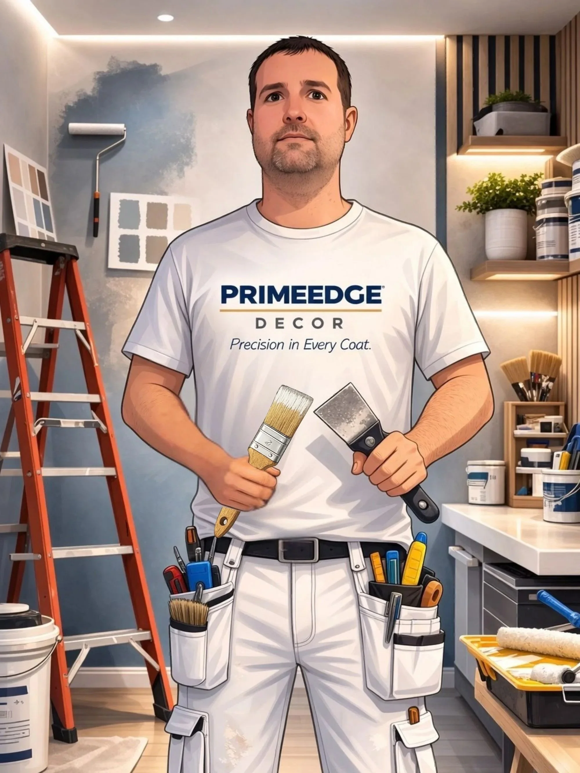 A man with dark hair and a beard standing in a room with painting supplies, holding paintbrushes. He is wearing a white shirt that says 'PRIMEEDGE DECOR' and has tool pouches with brushes and tools on his waist.