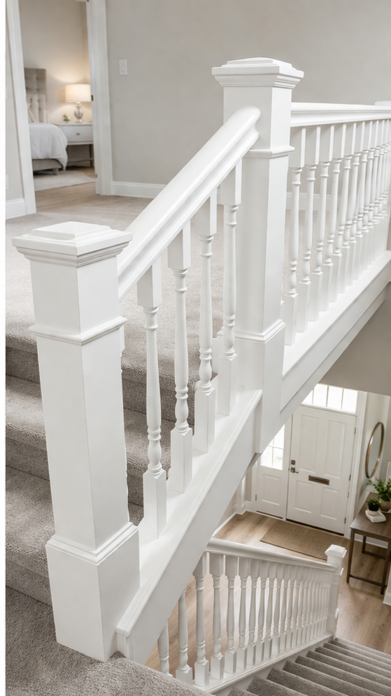 Hall Stairs and landing woodwork project in Chesterfield completed by PrimeEdge Decor