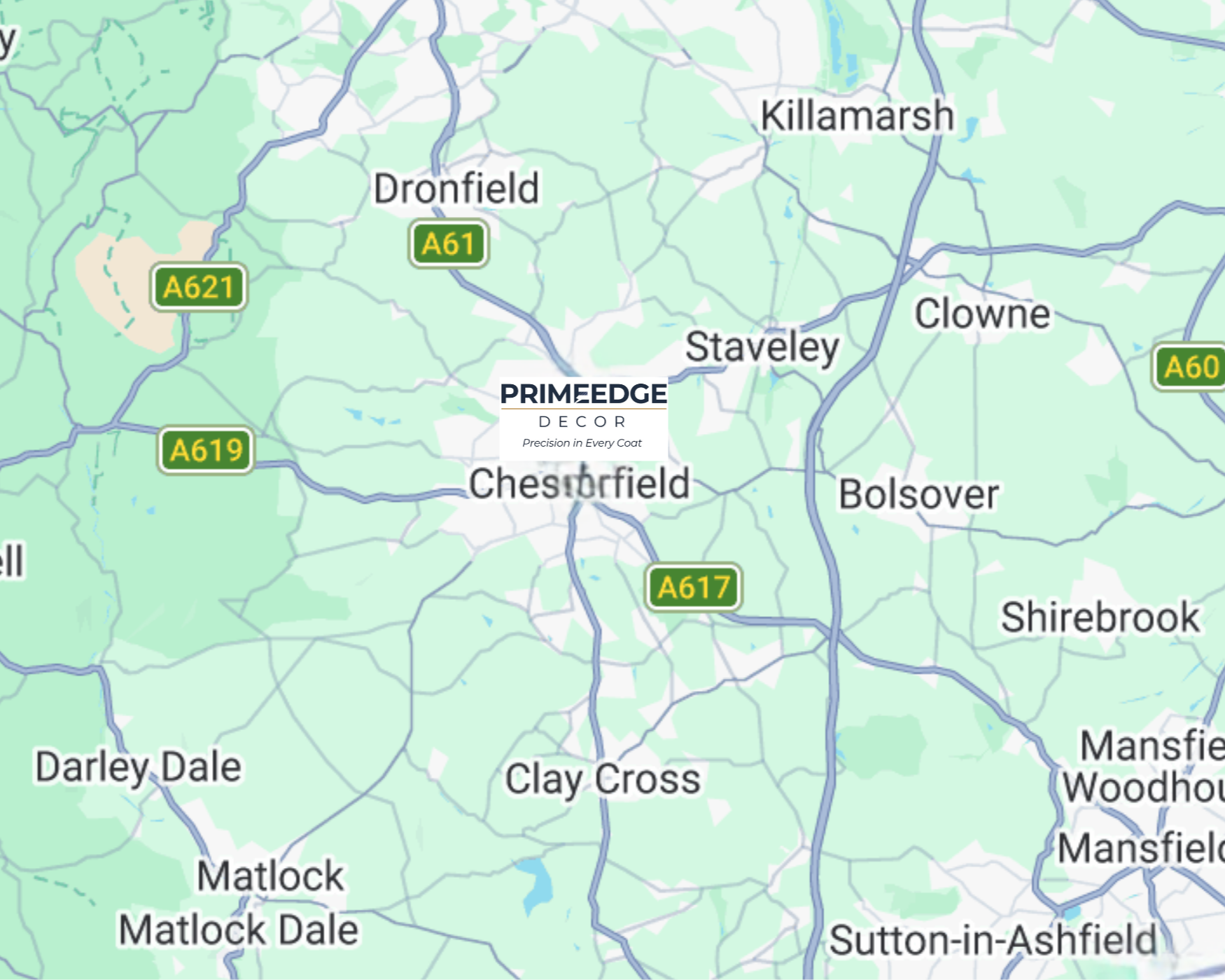 Map showing Chesterfield,  with nearby towns such as Dronfield, Killamarsh, and Bolsover. The map features major roads labeled A61, A62, A617, and A60.