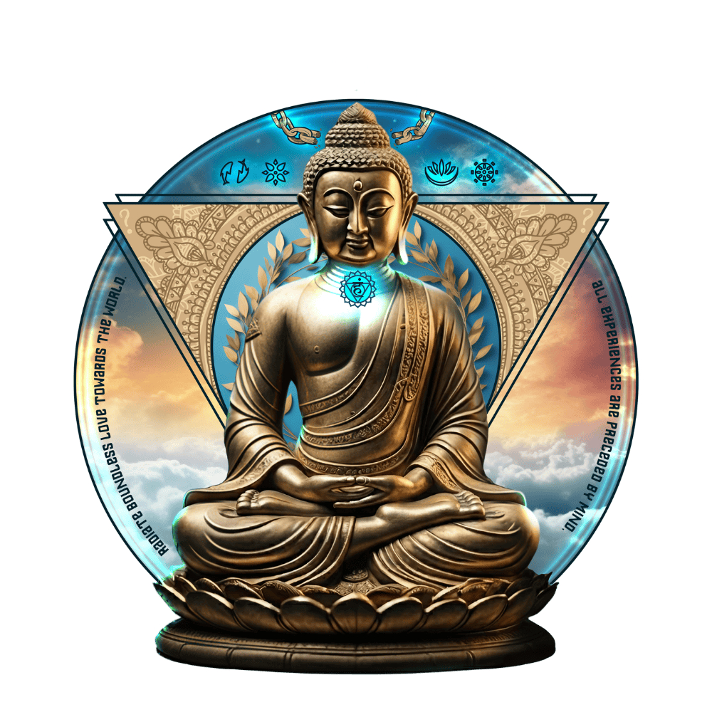 A digital illustration of a meditating Buddha statue with a background of sky and clouds, surrounded by symbols and circular elements, emphasizing spiritual growth and meditation.