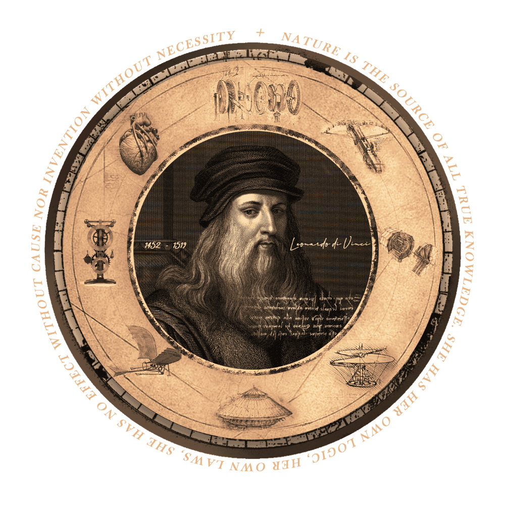 Vintage-style illustration featuring Leonardo da Vinci's portrait at the center, surrounded by sketches of scientific and engineering inventions, with a quote about nature and knowledge encircling the image.