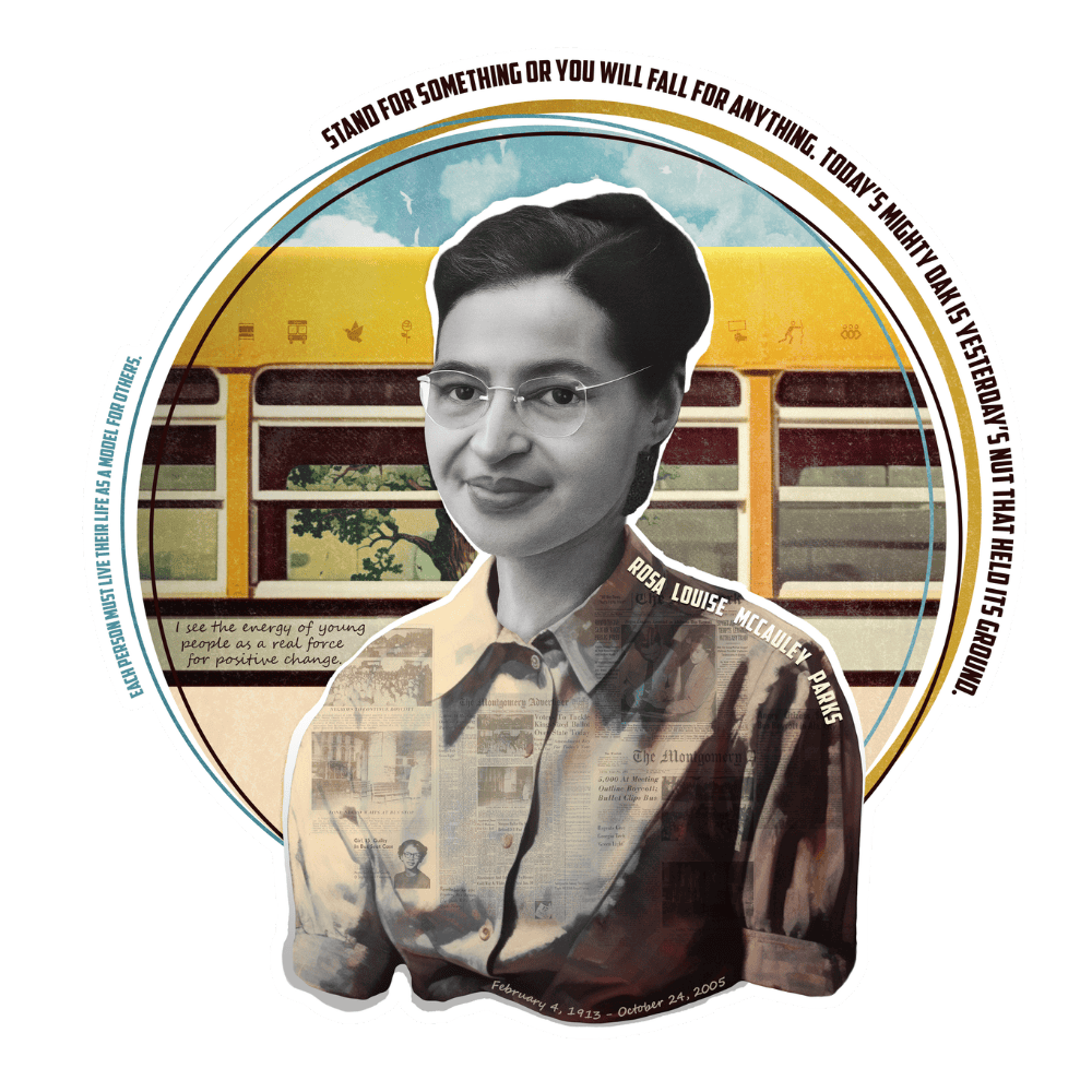 A collage featuring a woman with short dark hair and glasses, overlaid with newspaper clippings, in front of a stylized yellow bus and a cloudy sky background, surrounded by a circular border with quote texts.