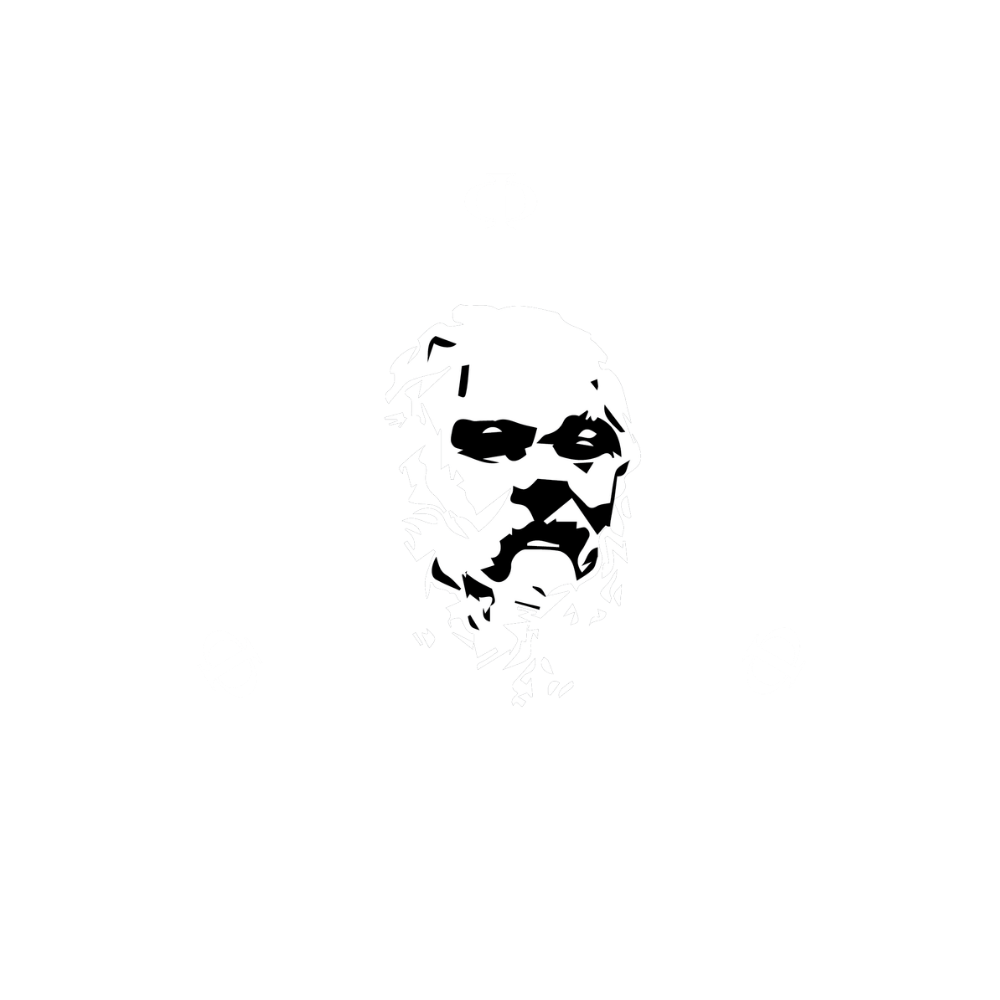 Black and white image of a circular emblem with a man's face in the center, surrounded by the words "Virtue," "Wisdom," and "Truth" in a ring.