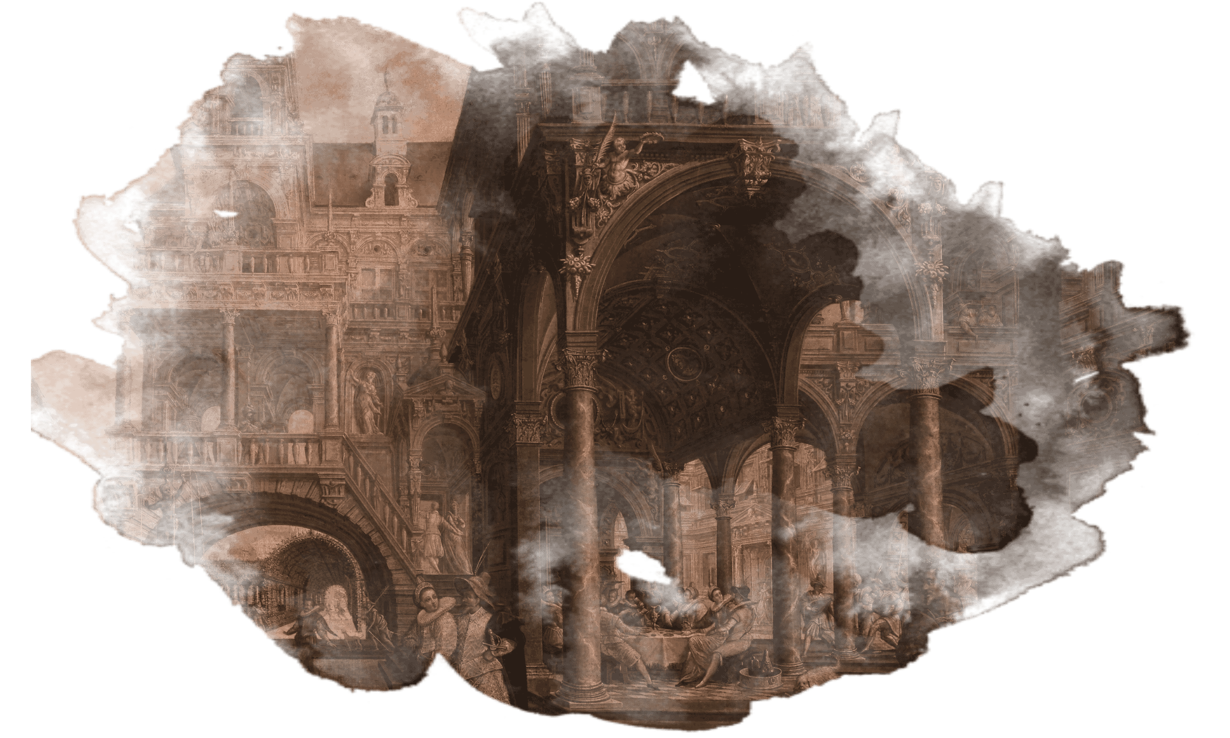 A detailed classical architectural scene with arches, columns, and statues, depicting an indoor space with people gathered around a table in a historical or mythological setting.