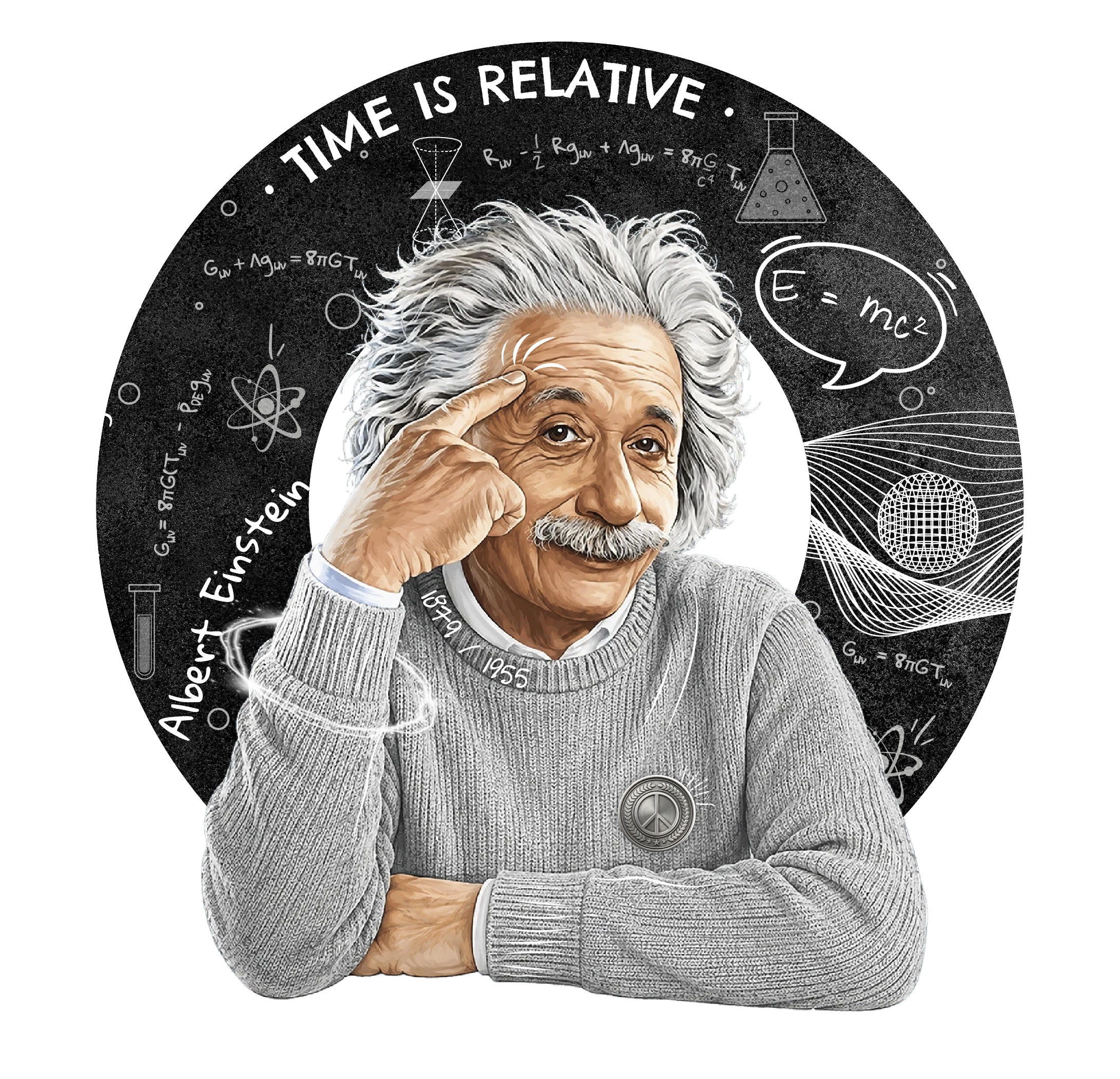 Illustration of Albert Einstein with scientific equations and diagrams related to theoretical physics surrounding him.