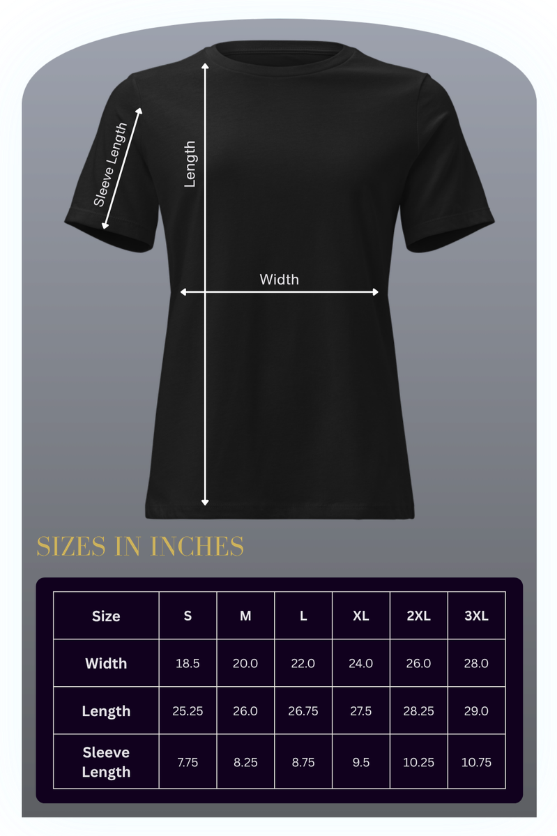 A diagram of a black T-shirt with labeled measurements: length, width, and sleeve length, alongside a size chart in inches for different sizes from small to 3XL.