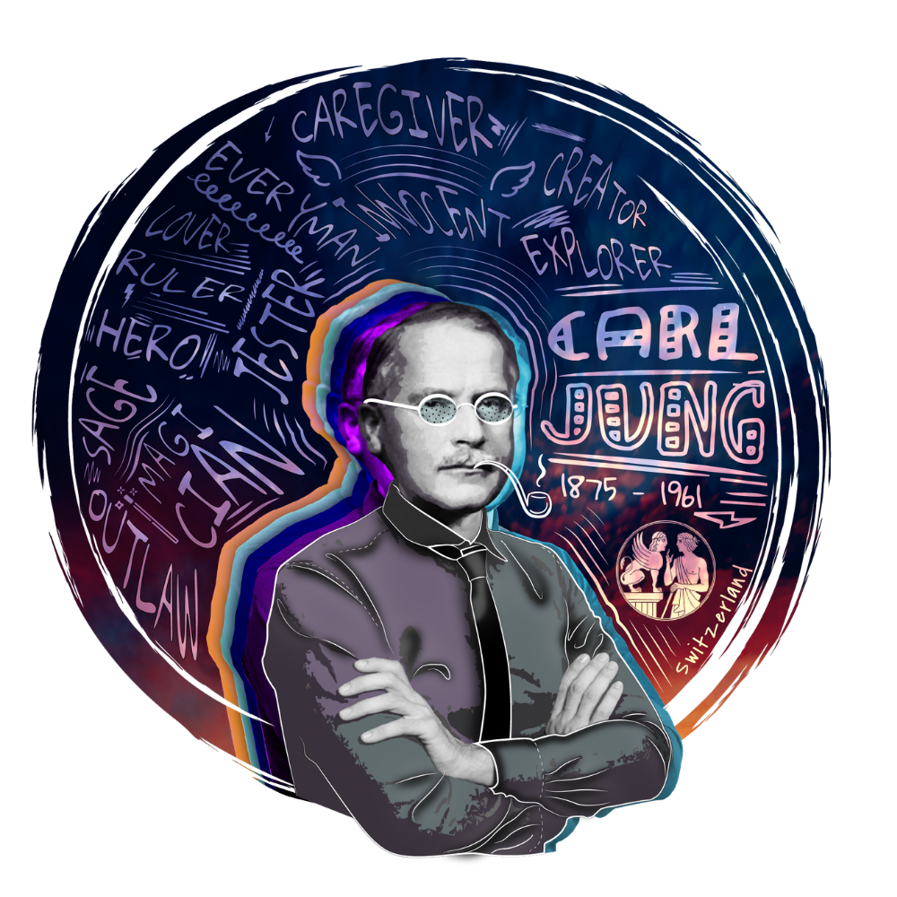 A digital illustration of Nobel laureate Cabal Jung, born in 1875 and died in 1961, depicted with gray hair, sunglasses, and a pipe, with artwork and words around him including 'caregiver,' 'creator,' 'explorer,' and 'hero,' against a colorful swirl background with a Swiss flag insignia.