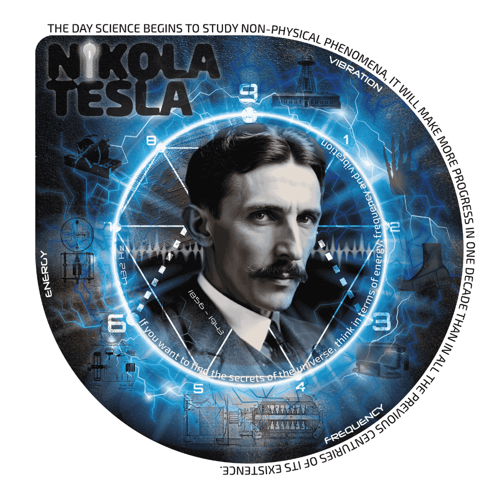 A digital collage featuring Nikola Tesla with a serious expression, set against a blue and black background with scientific diagrams, electrical symbols, and technology-related graphics, including labeled numbers and phrases about energy, vibration, and the universe.