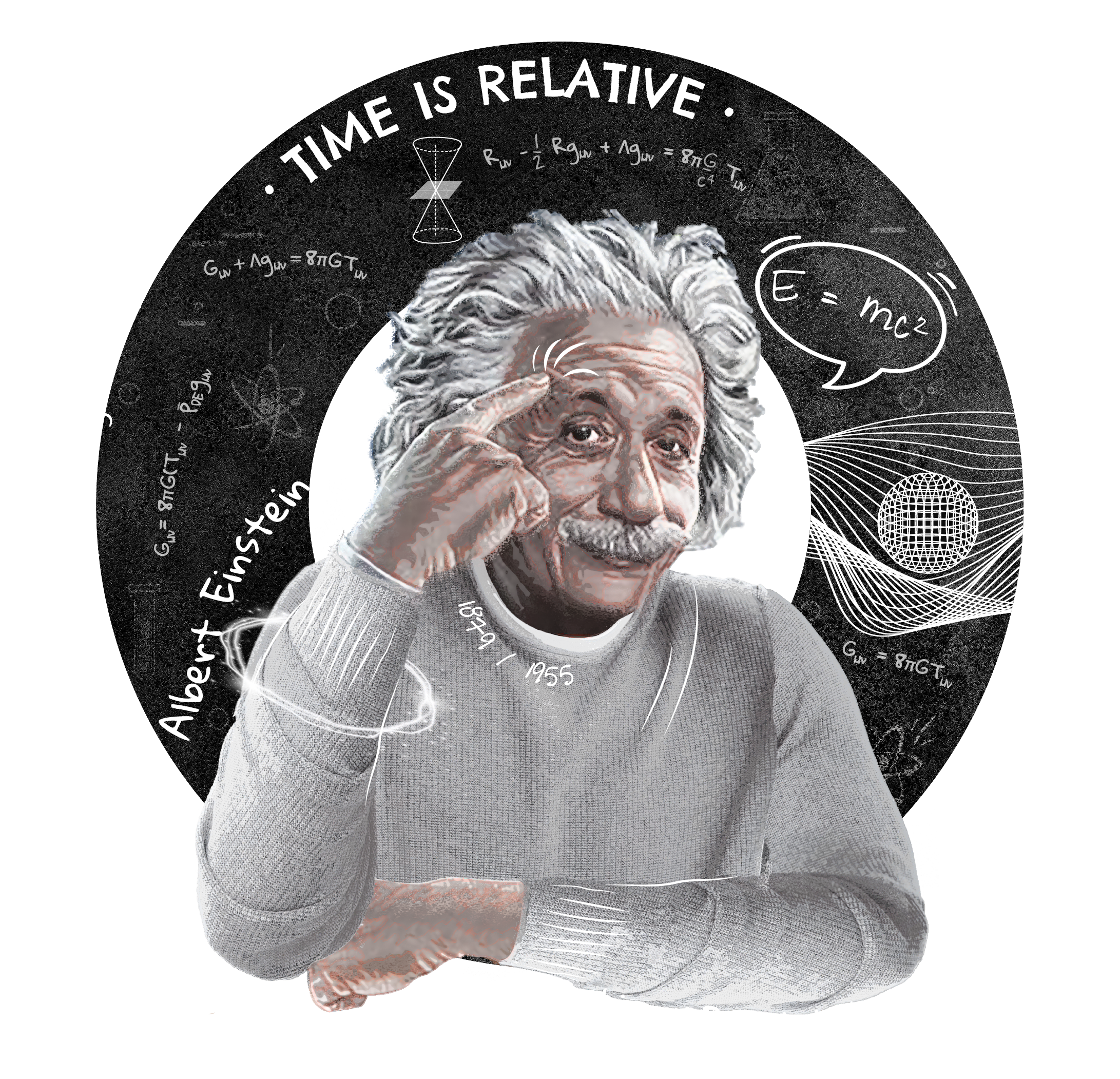 Illustration of Albert Einstein with scientific equations and diagrams related to theoretical physics surrounding him.