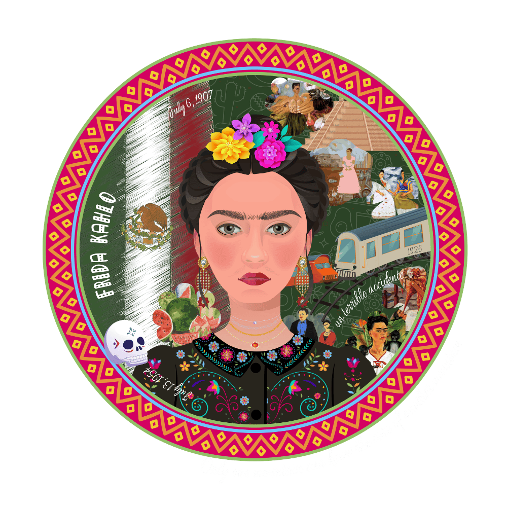 Illustration of a woman with dark hair, adorned with colorful flowers, surrounded by images representing Mexican culture and history including the Mexican flag, a skull, traditional dresses, a mountain, a train, and cultural scenes, with text in Spanish and English referencing Mexico and a quote about mountains.