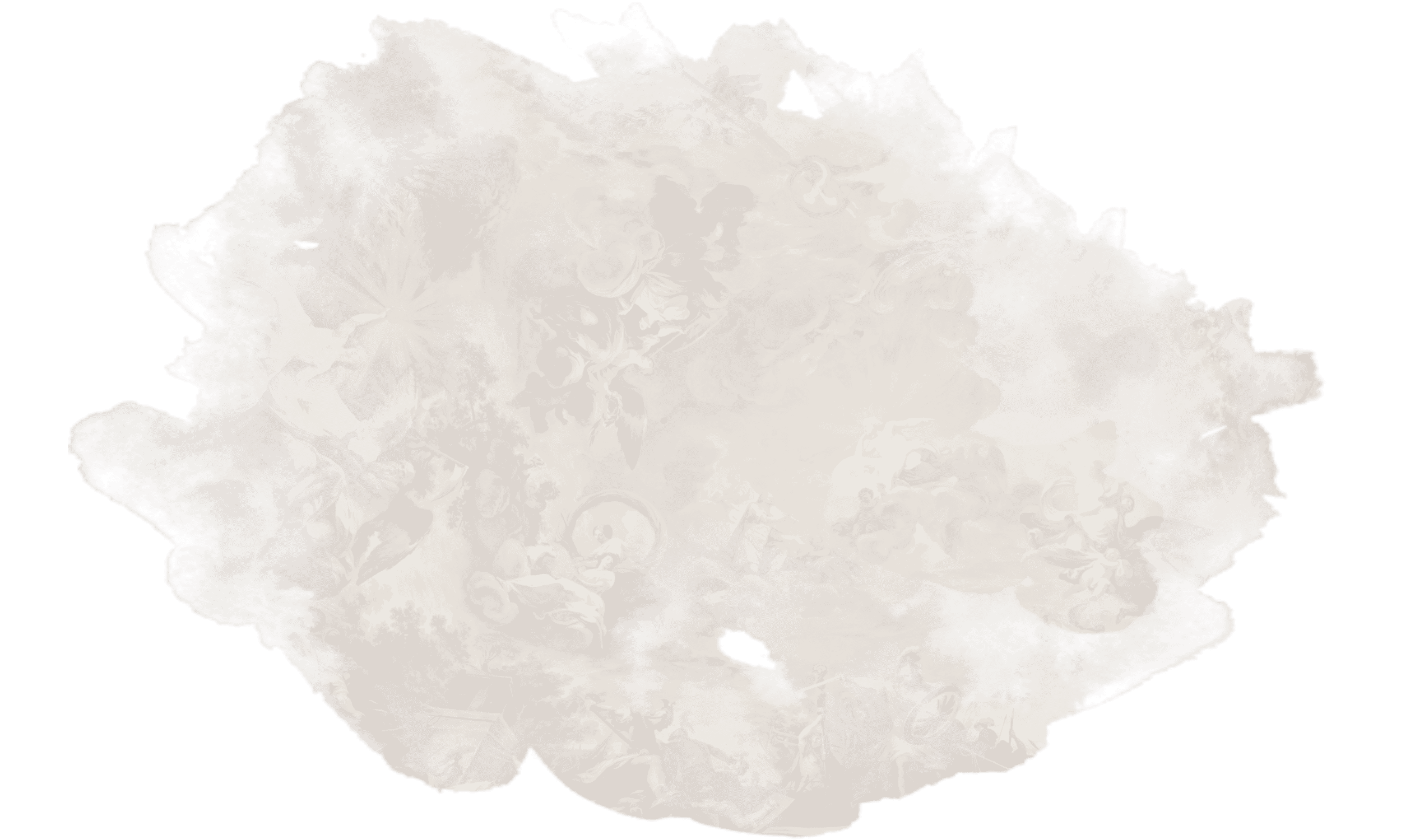 A Baroque-style painting on a painted ceiling depicting mythological and allegorical figures, clouds, and cherubs in a sepia tone.