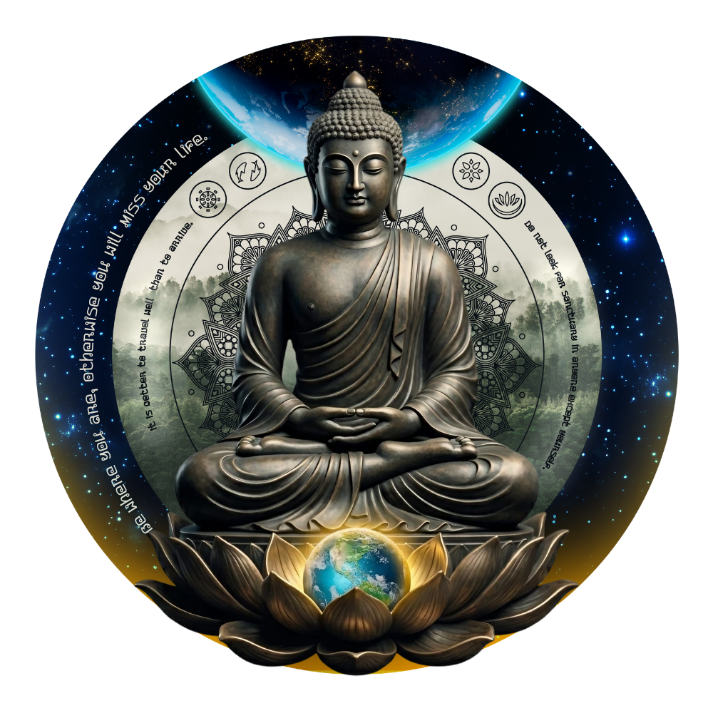 A digital art depiction of a seated Buddha statue with a background of Earth, stars, and planetary elements. The Buddha is in a meditative pose, surrounded by symbolic designs and text, with the Earth resting in a lotus flower at the base.