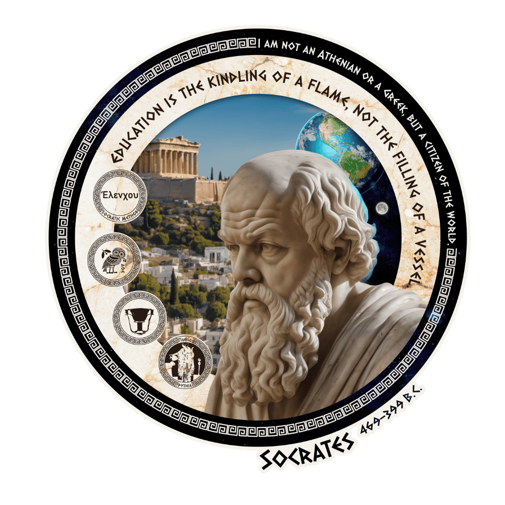 A circular artwork featuring a bust of Socrates in the foreground, with a backdrop of classical Greek architecture, the Earth, and outer space. The border contains Greek key patterns and Greek inscriptions, with additional symbols and text highlighting Socrates' philosophies.