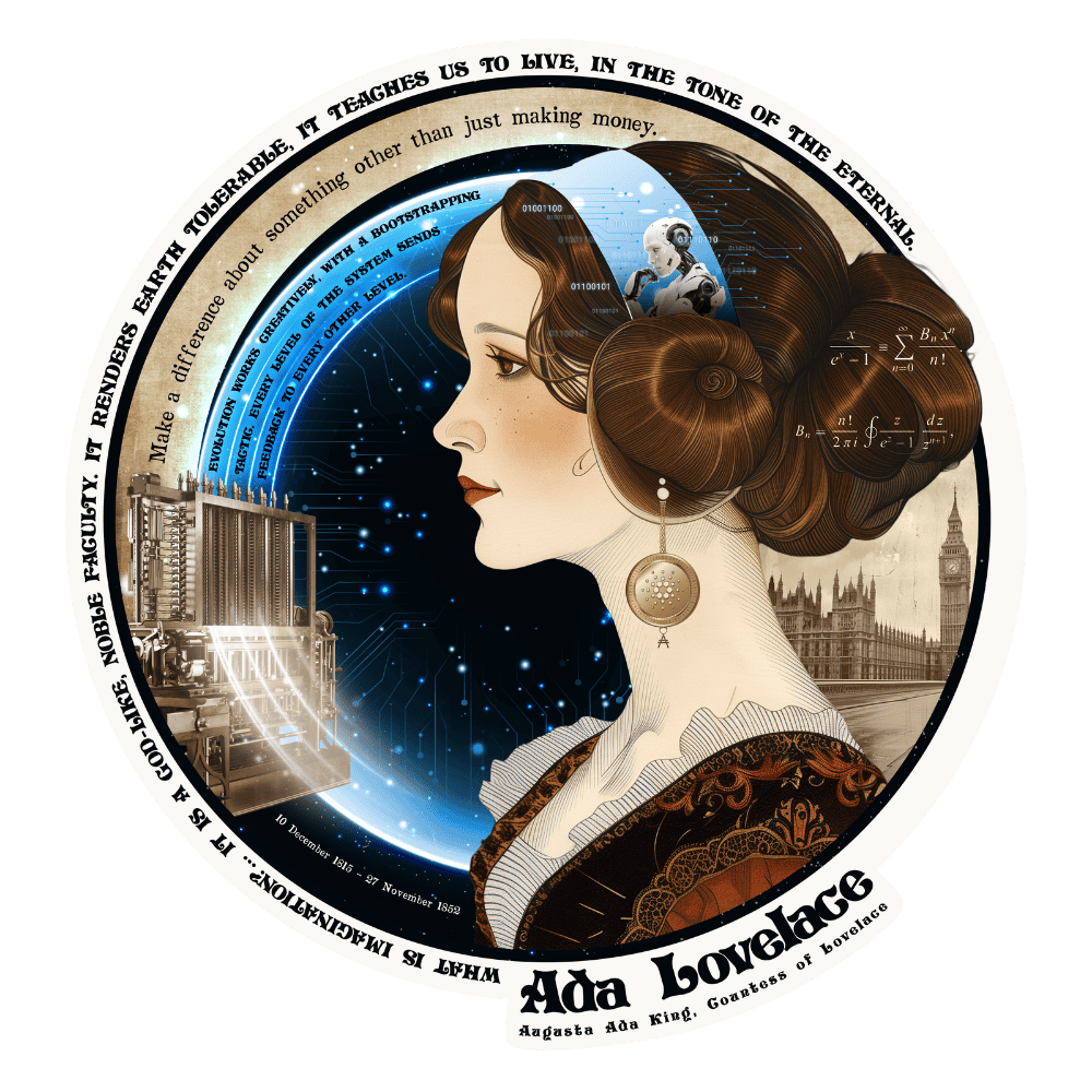 A collage featuring a woman with brown hair styled in an elegant bun, wearing a Victorian dress and a large earring, with a London clock tower in the background. The image includes scientific and technological elements like mathematical formulas, a robot, binary code, and digital graphics. Text surrounding the image mentions Ada Lovelace and her contributions. The design has a circular border with quotes about her impact and legacy.