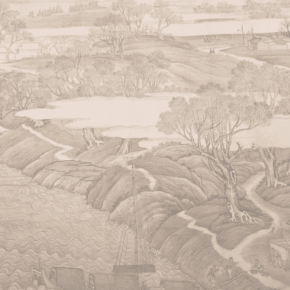 A sepia-toned detailed painting of a rural landscape with rolling hills, water bodies, trees, and small buildings. Features a boat on a river and a path with people walking.
