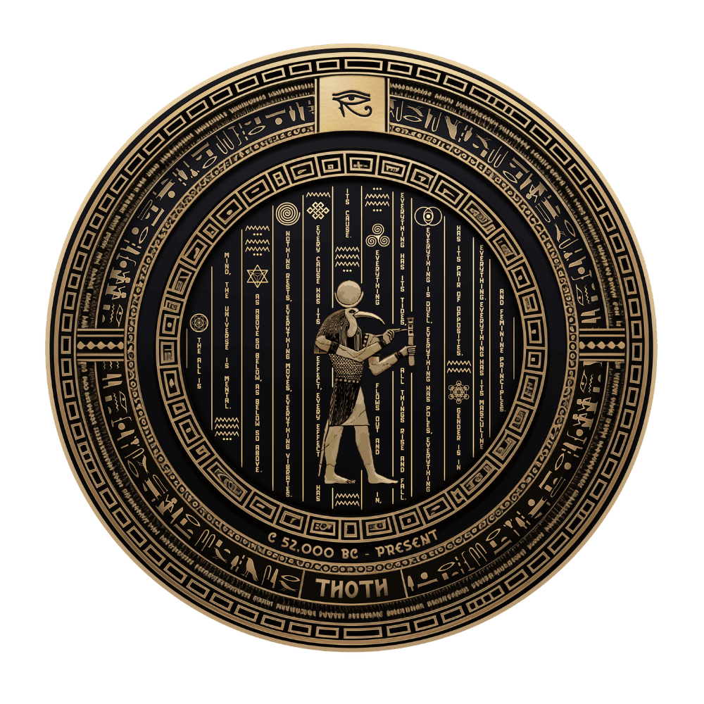 An ancient Egyptian-style circular calendar or artifact with hieroglyphics, symbols, and a figure playing a musical instrument, labeled with '2000 BC - Present' at the bottom.