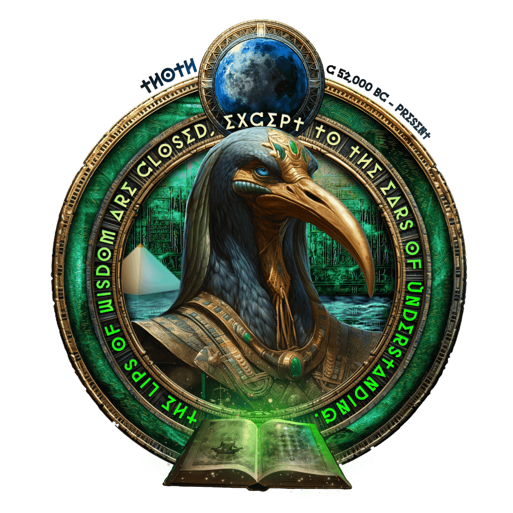 A mythological depiction of an ancient Egyptian ibis-headed god wearing traditional royal jewelry, surrounded by ancient and futuristic artifacts, with a glowing open book at the bottom, and a circular frame with portal-like designs containing Greek lettering and a small image of the moon at the top.