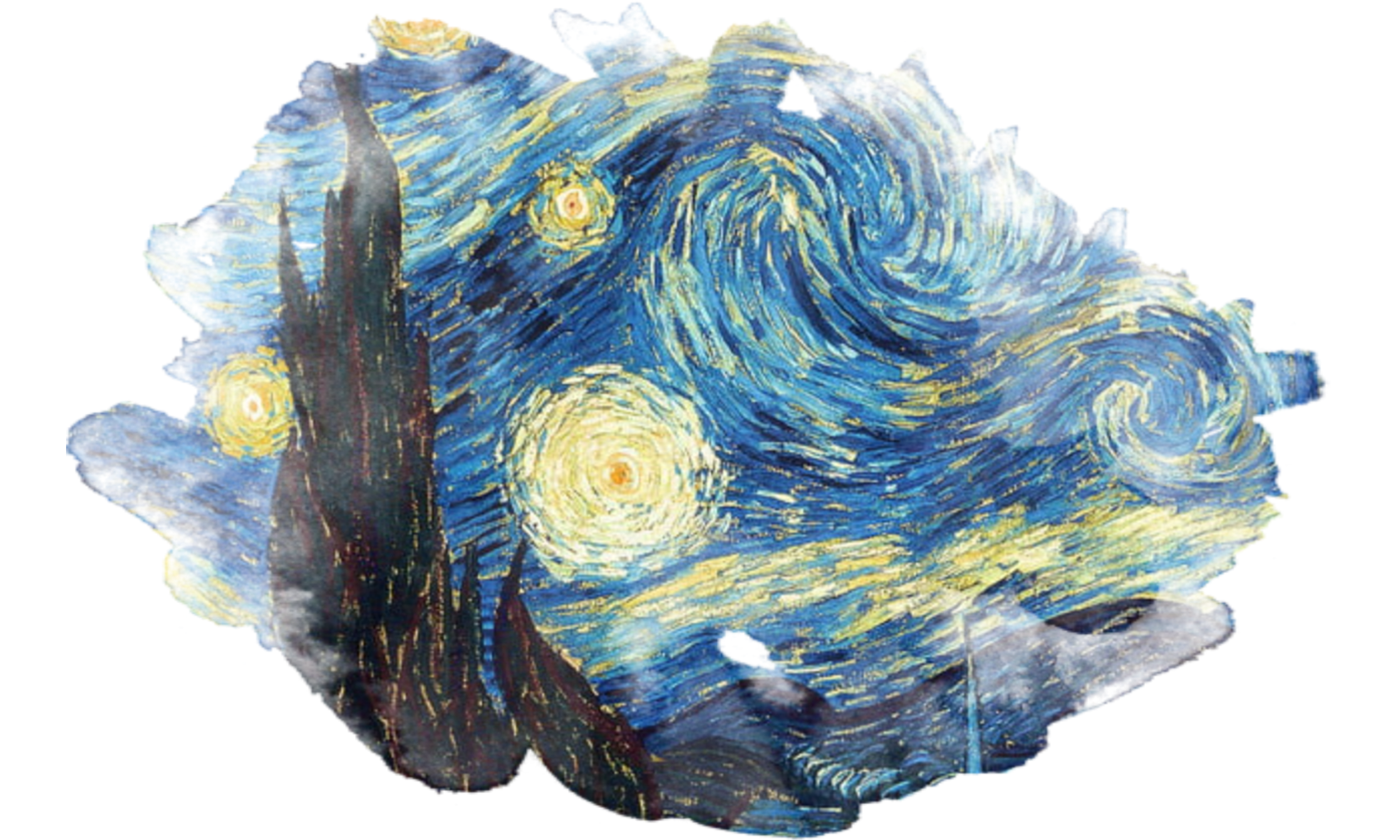 A famous oil painting titled 'Starry Night' depicting a swirling night sky filled with stars over a quiet town with cypress trees in the foreground.