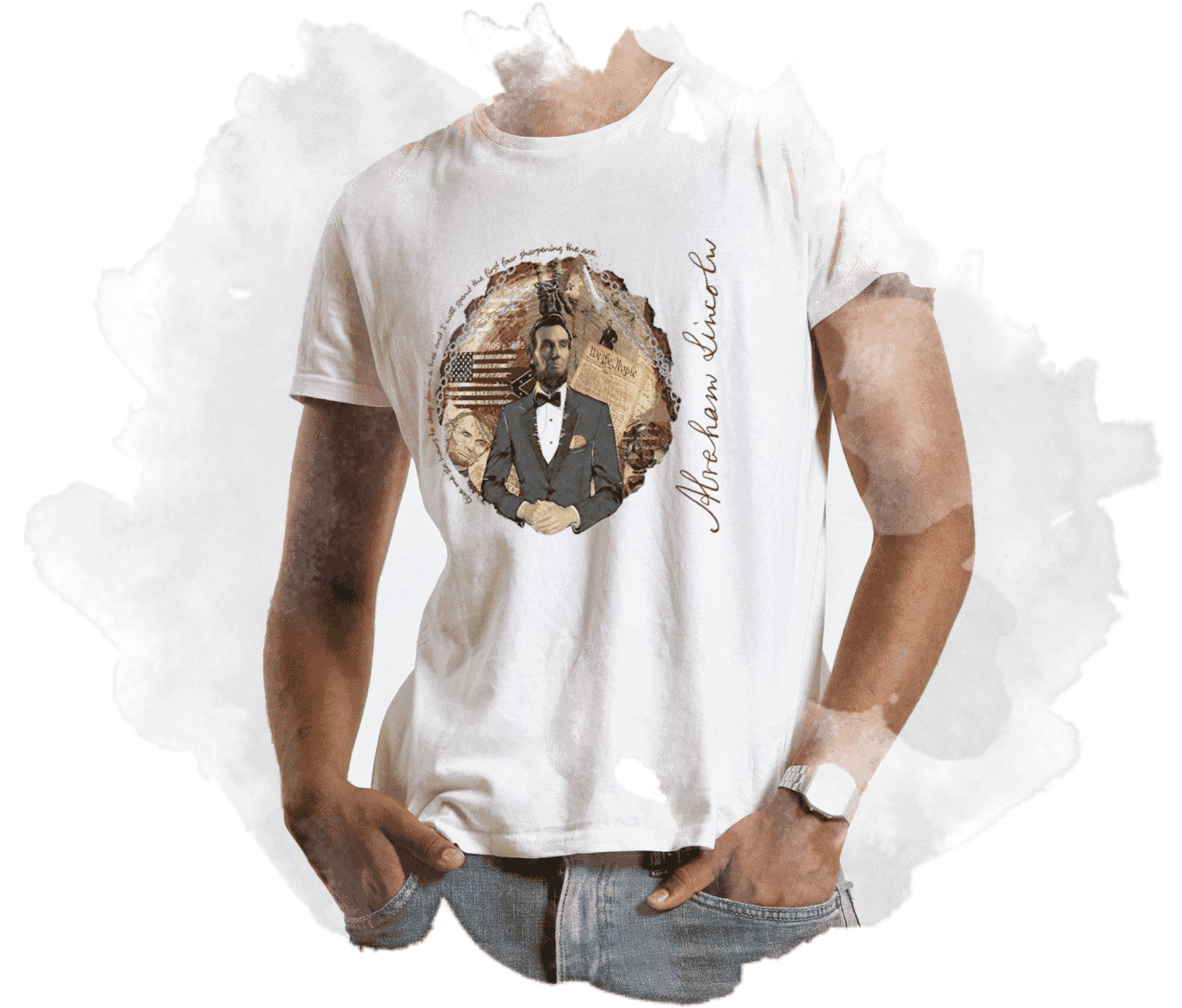 White T-shirt featuring a collage of historical figures, American flags, and documents, with the handwritten phrase "You Never Fail".