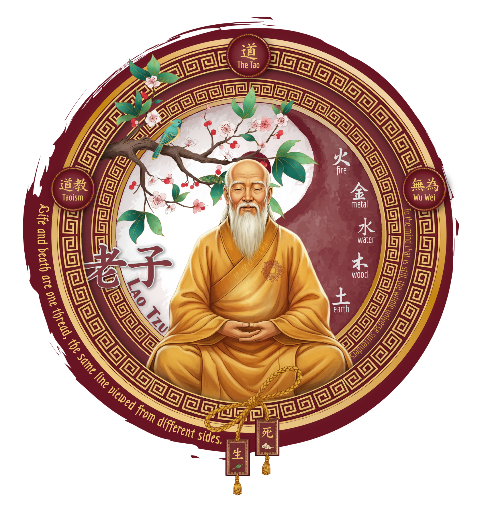 Illustration of a wise old man in traditional robes, sitting cross-legged with hands resting gently, surrounded by symbolic elements like a blooming cherry blossom tree, a branch with green leaves, and decorative Asian motifs, including Yin and Yang symbols and Chinese characters.