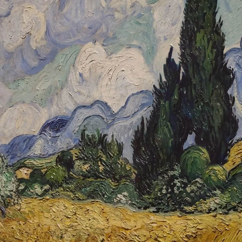 A landscape painting of tall dark green cypress trees, rolling hills, and distant blue mountains under a cloudy sky.