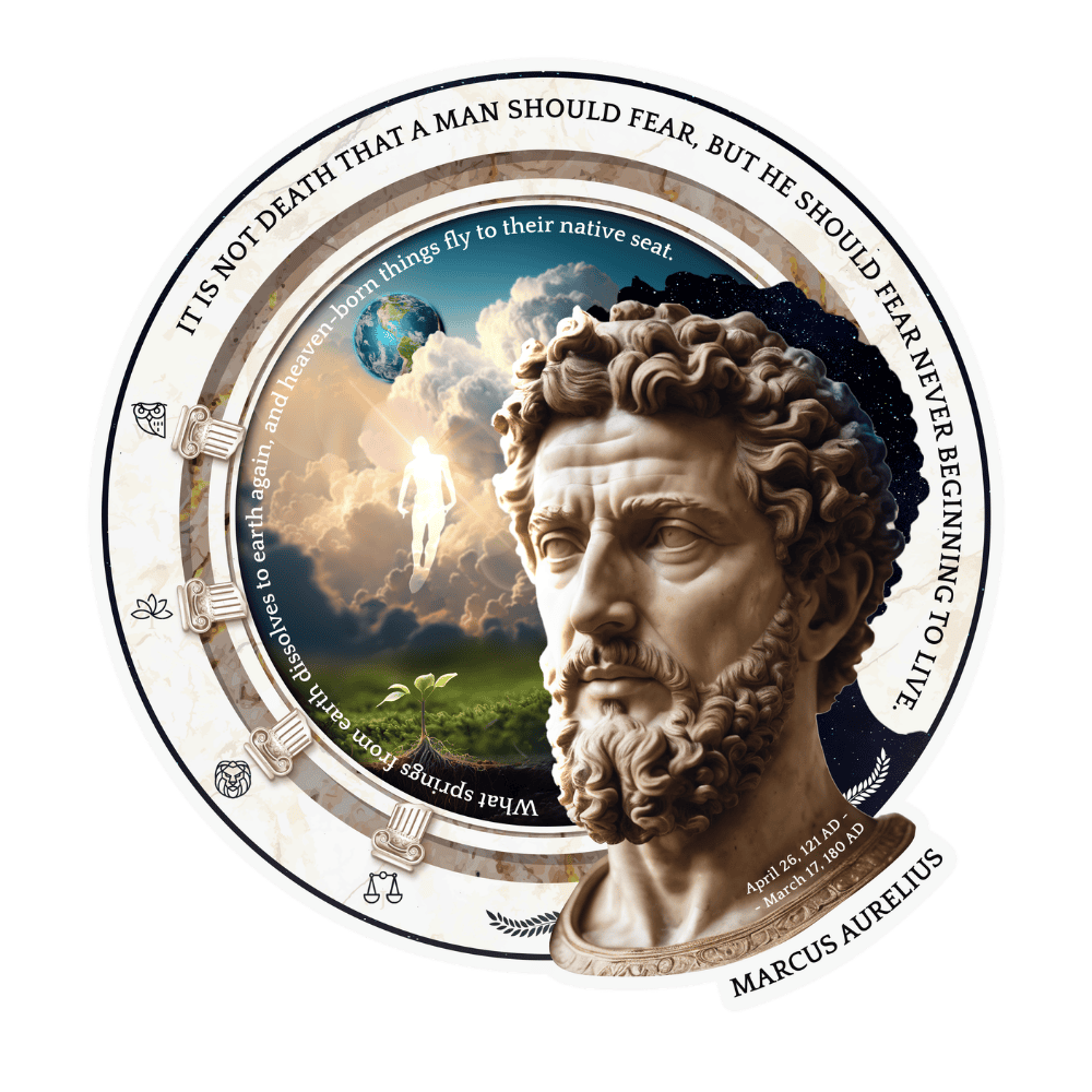 A circular infographic featuring a bust of Marcus Aurelius, with quotes about fear, death, and life. The background shows Earth, clouds, and space, along with a small plant growing from the ground and a transparent human figure ascending toward the sky.