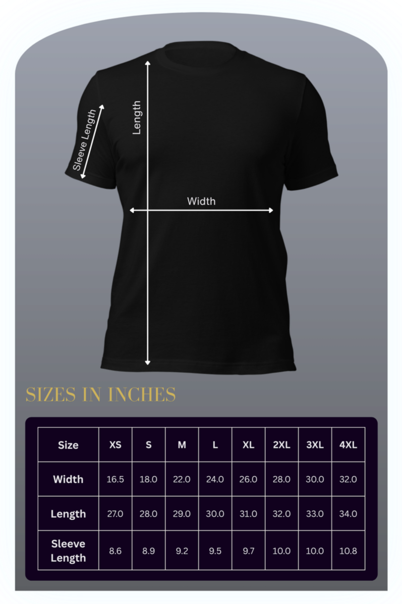 A black T-shirt with measurements labeled for size chart, including width, length, and sleeve length, with a size chart in inches below.