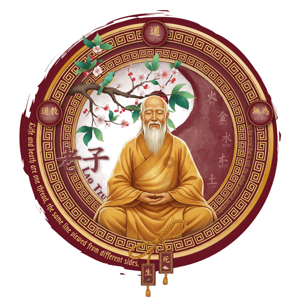 Illustration of a wise old man in traditional robes, sitting cross-legged with hands resting gently, surrounded by symbolic elements like a blooming cherry blossom tree, a branch with green leaves, and decorative Asian motifs, including Yin and Yang symbols and Chinese characters.