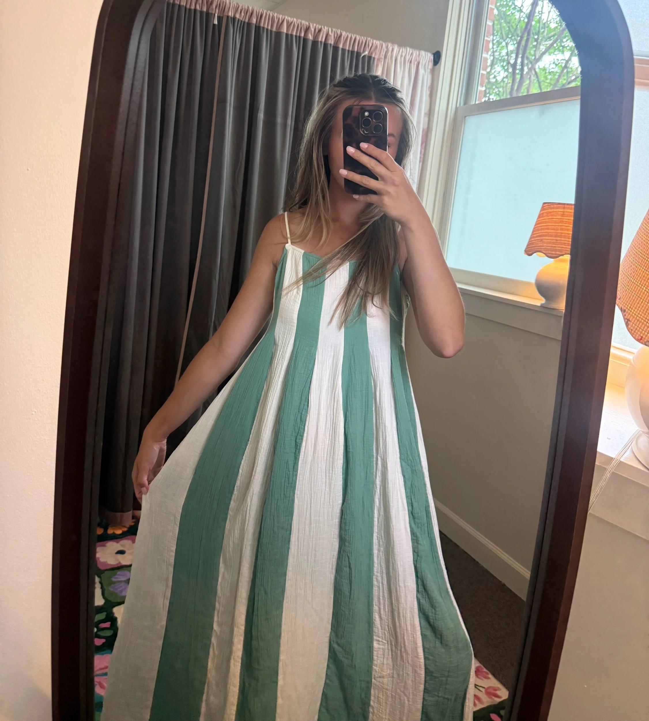 Green Cotton Gauze Striped Dress